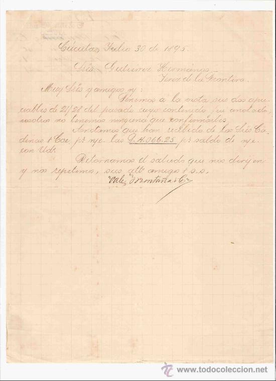 Gesch&auml;ftsbriefe: COLOMBIA. CUCUTA. CARTA. VALE, MONTA&Ntilde;A & CA. 1895.