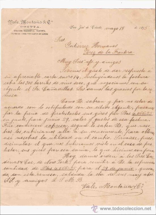 Gesch&auml;ftsbriefe: COLOMBIA. CUCUTA. CARTA. VALE, MONTA&Ntilde;A & CA. 1895.