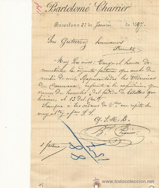 Gesch&auml;ftsbriefe: BARCELONA 22 ENERO 1897 CARTA COMERCIAL DE BARTOLOME CHARRIER