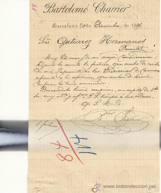 Gesch&auml;ftsbriefe: BARCELONA 20 DE DICIEMBRE DE 1896 CARTA COMERCIAL DE BARTOLOME CHARRIER