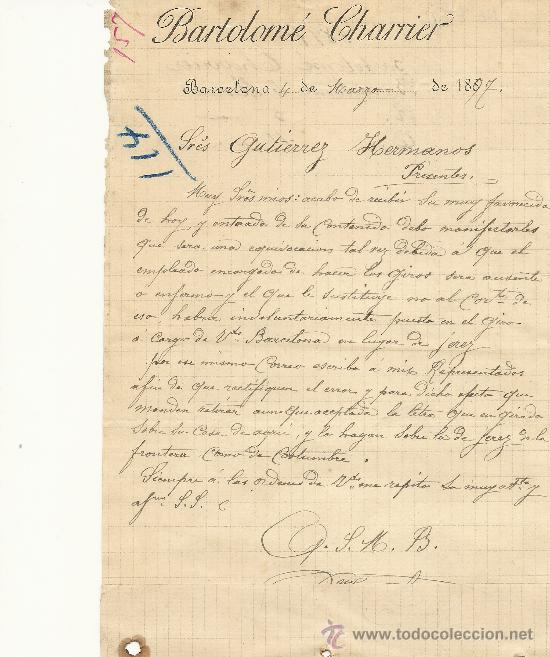 Gesch&auml;ftsbriefe: BARCELONA 4 DE MARZO 1897 CARTA COMERCIAL DE BARTOLOME CHARRIER