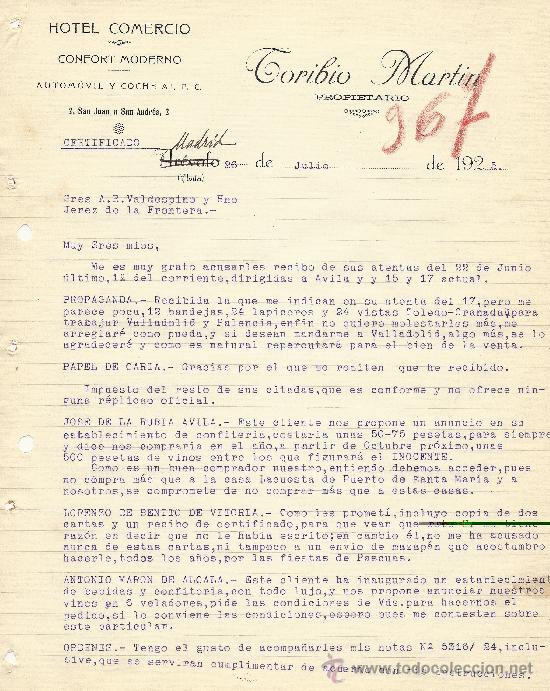 Gesch&auml;ftsbriefe: MADRID 26 DE JULIO DE 1925 CARTA COMERCIAL TORIBIO MARTIN PROPIETARIO