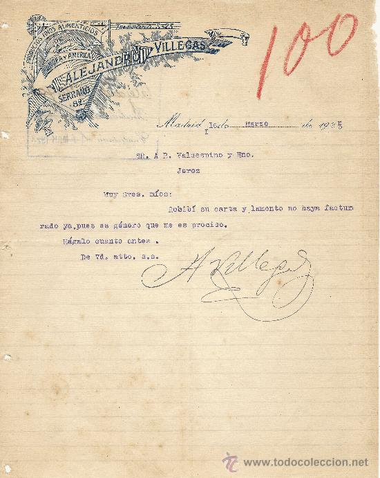 Gesch&auml;ftsbriefe: MADRID 16 DE MARZO DE 1923 CARTA COMERCIAL ALEJANDRO VILLEGAS