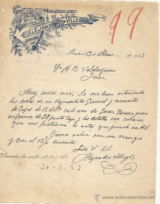 Gesch&auml;ftsbriefe: MADRID 13 DE MARZO 1923 CARTA COMERCIAL ALEJANDRO VILLEGAS