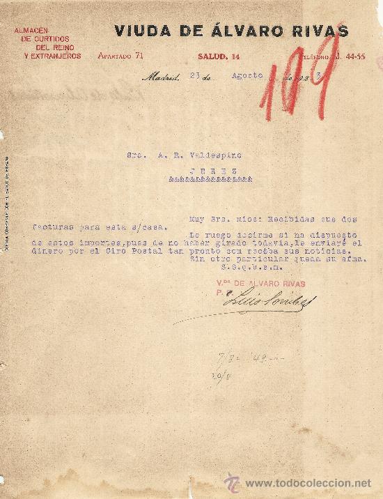 Gesch&auml;ftsbriefe: MADRID 23 DE AGOSTO DE 1923 CARTA COMERCIAL VIUDA DE ALVARO RIVAS