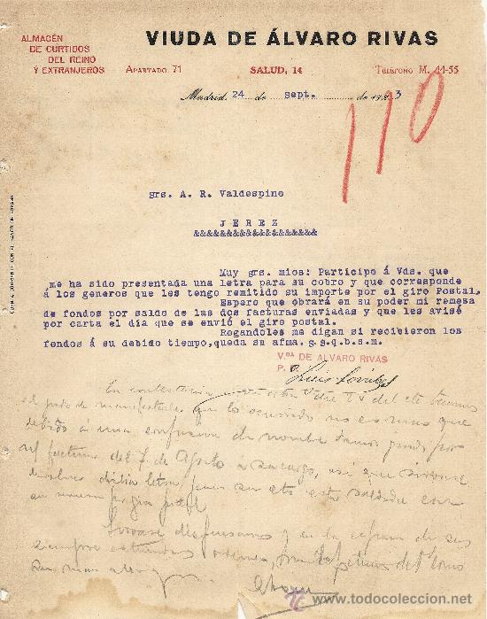 Gesch&auml;ftsbriefe: MADRID 24 DE SEPTIEMBRE DE 1923 CARTA COMERCIAL VIUDA DE ALVARO RIVAS
