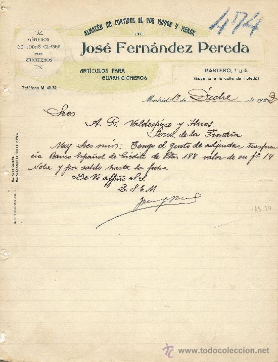 Gesch&auml;ftsbriefe: MADRID 1 DE DICIEMBRE DE 1922 CARTA COMERCIAL ALMACEN DE CURTIDOS AL POR MAYOR Y MENOR