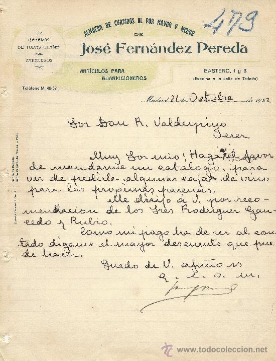 Gesch&auml;ftsbriefe: MADRID 21 DE OCTUBRE DE 1922 CARTA COMERCIAL ALMACEN DE CURTIDOS AL POR MAYOR Y MENOR