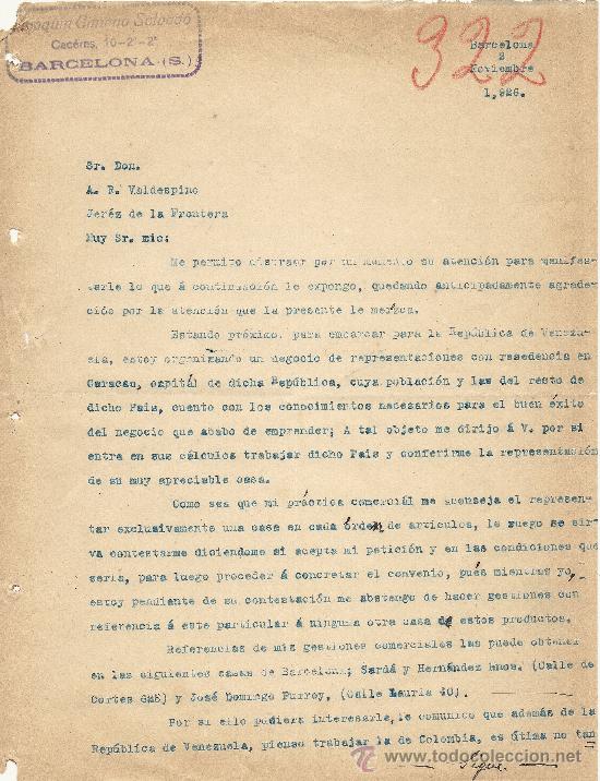 Gesch&auml;ftsbriefe: BARCELONA 2 DE NOVIEMBRE DE 1926 CARTA COMERCIAL JOAQUIN GIMENO SALVADO