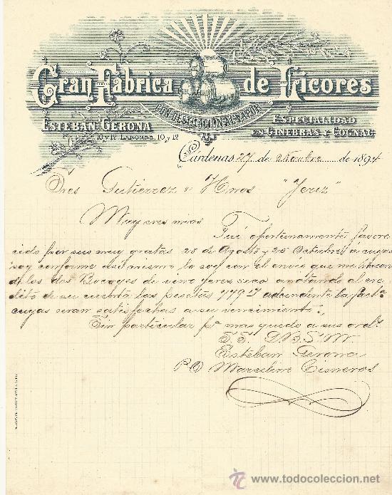 Gesch&auml;ftsbriefe: CARDENAS 27 DE NOVIEMBRE DE 1894 CARTA COMERCIAL GRAN FABRICA DE LICORES