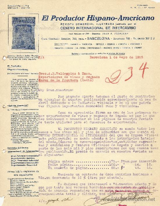 Lettres commerciales: BARCELONA 1 DE MAYO DE 1925 CARTA COMERCIAL EL PRODUCTOR HISPANO AMERICANO