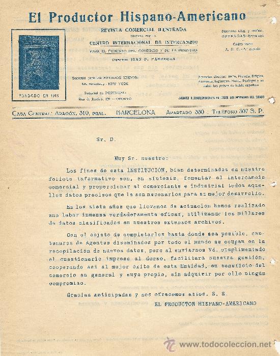 Gesch&auml;ftsbriefe: BARCELONA  CARTA COMERCIAL EL PRODUCTOR HISPANO AMERICANO