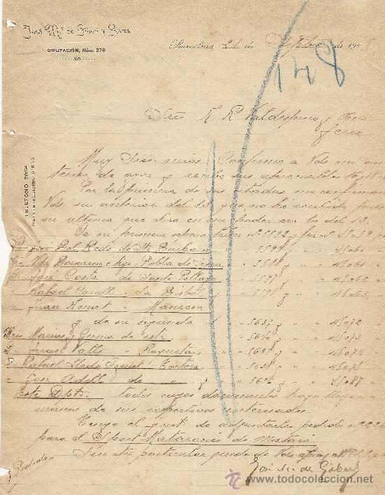 Gesch&auml;ftsbriefe: BARCELONA 21 DE SEPTIEMBRE DE 1905 CARTA COMERCIAL JOSE M&ordf; DE GIBERT Y SERRA