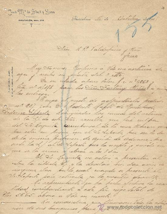 Gesch&auml;ftsbriefe: BARCELONA 6 DE OCTUBRE DE 1905 CARTA COMERCIAL JOSE M&ordf; DE GIBERT Y SERRA