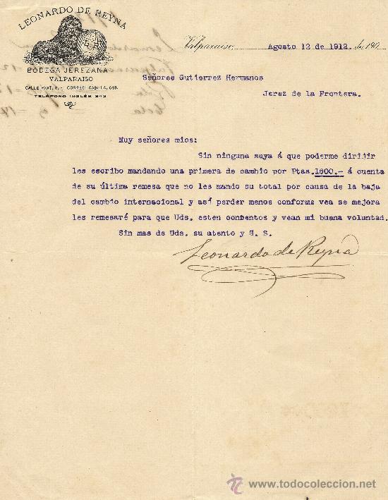 Gesch&auml;ftsbriefe: VALPARAISO 12 DE AGOSTO DE 1912 CARTA COMERCIALES BODEGAS JEREZANAS