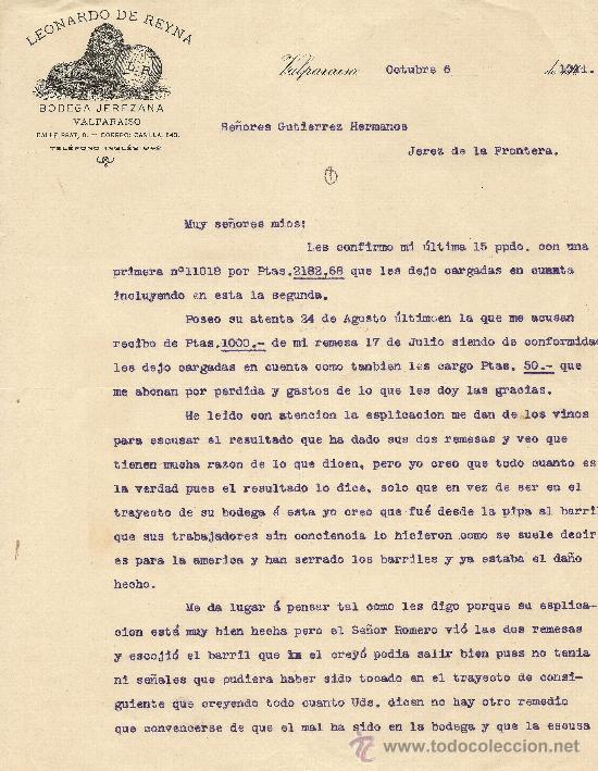 Gesch&auml;ftsbriefe: VALPARAISO 6 DE OCTUBRE DE 1911 CARTA COMERCIALES BODEGAS JEREZANAS