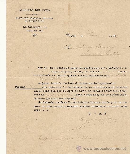 Gesch&auml;ftsbriefe: MADRID 6 DE JUNIO DE 1908 CARTA COMERCIAL AUGUSTO DE POZO