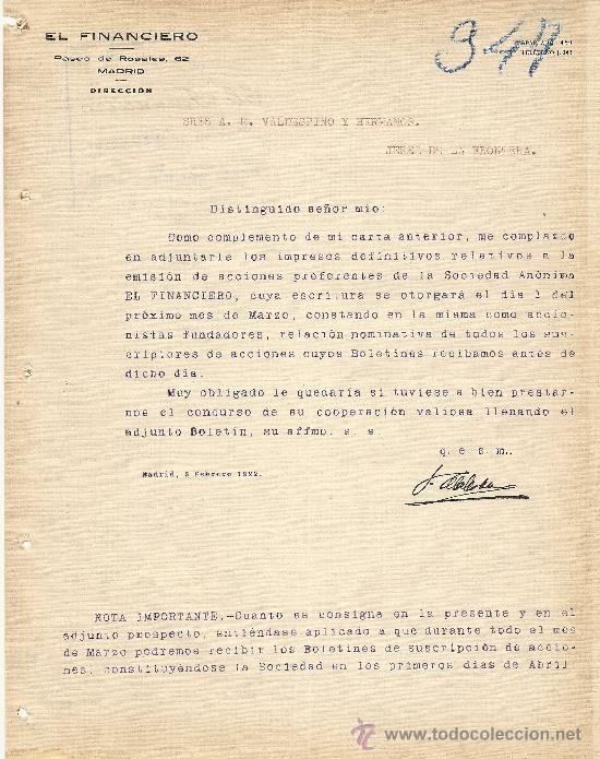 Gesch&auml;ftsbriefe: MADRID 8 DE FEBRERO 1922 CARTA COMERCIAL EL FINANCIERO
