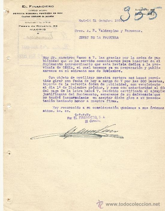 Gesch&auml;ftsbriefe: MADRID 31 DE OCTUBRE DE 1922 CARTA COMERCIAL EL FINANCIERO