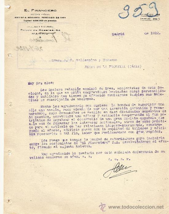 Gesch&auml;ftsbriefe: MADRID 1922 CARTA COMERCIAL EL FINANCIERO