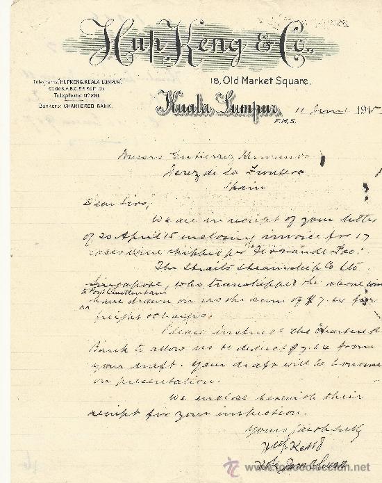 Gesch&auml;ftsbriefe: KUALA LUMPUR 11 DE JUNIO DE1915 CARTA COMERCIAL HUP KENG & CO.,