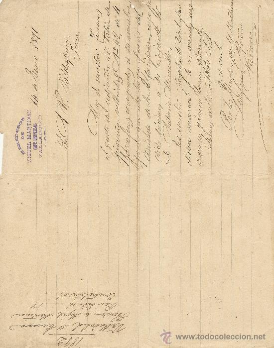 Gesch&auml;ftsbriefe: VALLADOLID 14 DE ENERO DE 1891 CARTA COMERCIAL HEREDEROS DE MIGUEL MARTINEZ