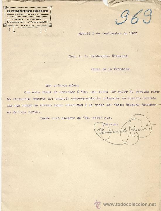 Gesch&auml;ftsbriefe: MADRID 2 DE SEPTIEMBRE DE 1922 CARTA COMERCIAL EL FINANCIERO GRAFICO