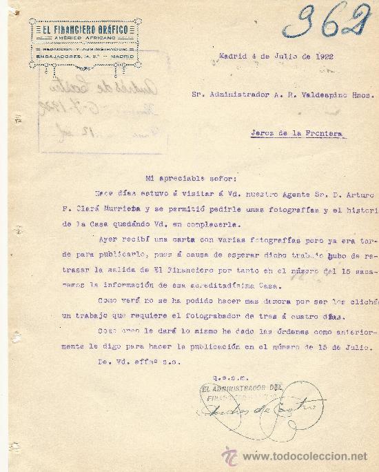Gesch&auml;ftsbriefe: MADRID 4 DE JULIO DE 1922 CARTA COMERCIAL EL FINANCIERO GRAFICO