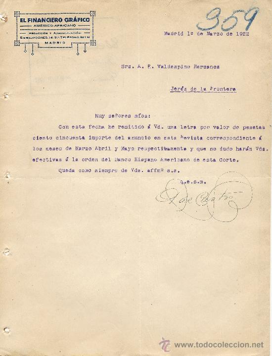 Gesch&auml;ftsbriefe: MADRID 1 DEMARZO DE 1922 CARTA COMERCIAL EL FINANCIERO GRAFICO