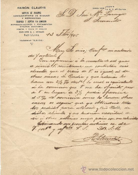 Cartas comerciales: BARCELONA 13 DE FEBRERO 1905 CARTA COMERCIAL RAMON GLAUDIS