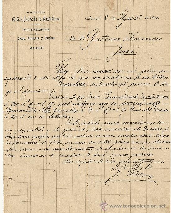 Cartas comerciales: MADRID 9 DE AGOSTO DE 1890 CARTA COMERCIAL ANTIGUO CAFE FONDA DE LA CASTELLANA