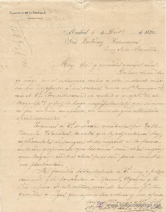 Cartas comerciales: MADRID 5 DE DICIEMBRE DE 1890 CARTA COMERCIAL FRANCISCO DE LA PORTILLA