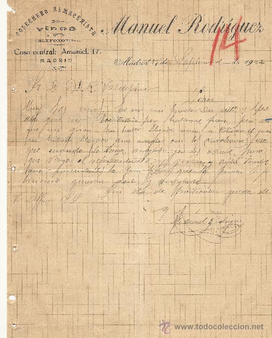 Cartas comerciales: MADRID 15 DE SEPTIEMBRE DE 1922 CARTA COMERCIAL MANUEL RODRIGUEZ