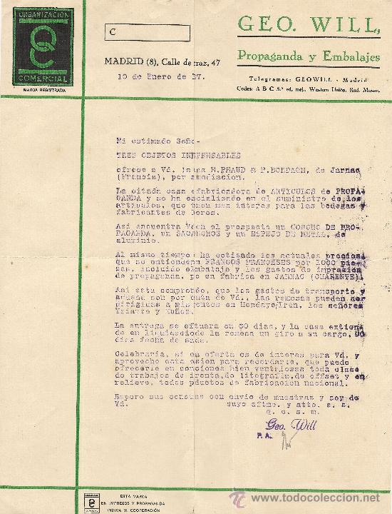 Cartas comerciales: MADRID 10 DE ENERO DE 1927 CARTA COMERCIAL GEO. WILL