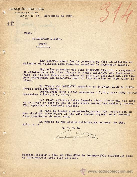Commercial Letters: MADRID 14 DE DICIEMBRE DE 1926 CARTA COMERCIAL JOAQUIN GALILEA