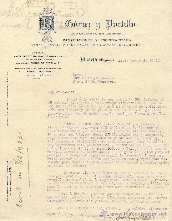 Commercial Letters: MADRID 2 DE DICIEMBRE DE 1927 CARTA COMERCIAL GOMEZ Y PORTILLO