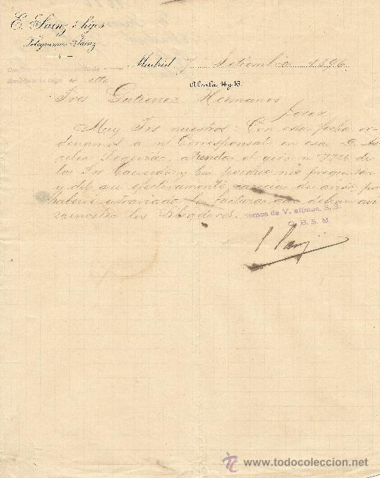 Commercial Letters: MADRID 7 DE SEPTIEMBRE DE 1896 CARTA COMERCIAL E. SAINZ E HIJOS