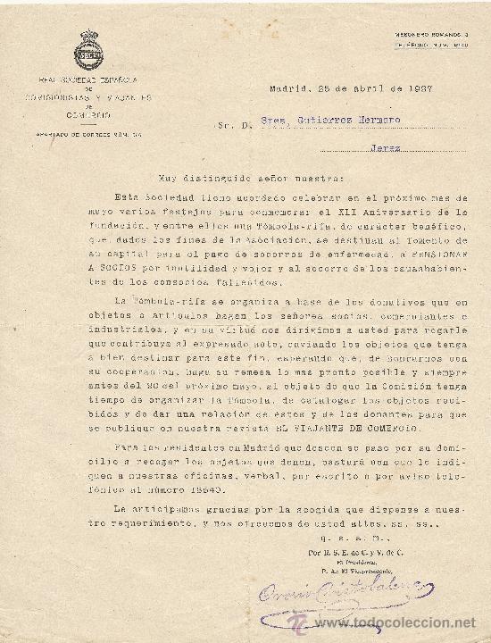 Commercial Letters: MADRID 25 DE ABRIL DE 1927  CARTA COMERCIAL REAL SOCIEDAD ESPA&Ntilde;OLA DE COMISIONISTAS Y VIAJANTES
