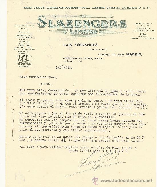 Gesch&auml;ftsbriefe: MADRID 5 DE ENERO DE 1927  CARTA COMERCIAL SLAZENGERS LIMITED