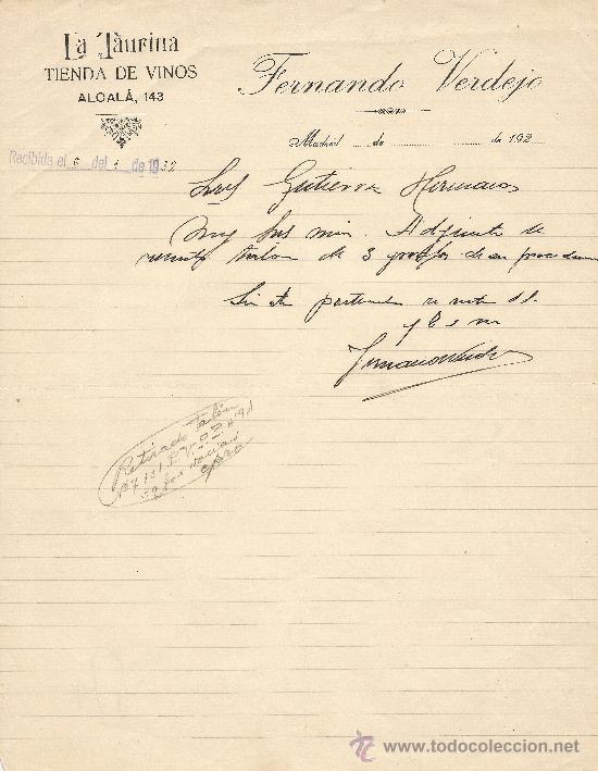 Gesch&auml;ftsbriefe: MADRID 1932  CARTA COMERCIAL LA TAURINA TIENDA DE VINOS