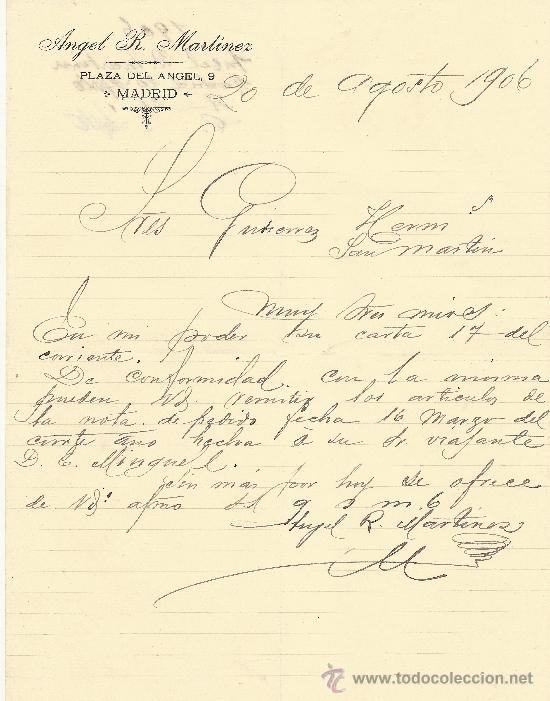 Gesch&auml;ftsbriefe: MADRID 20 DE AGOSTO  DE 1906  CARTA COMERCIAL COMERCIO ANGEL R. MARTINEZ