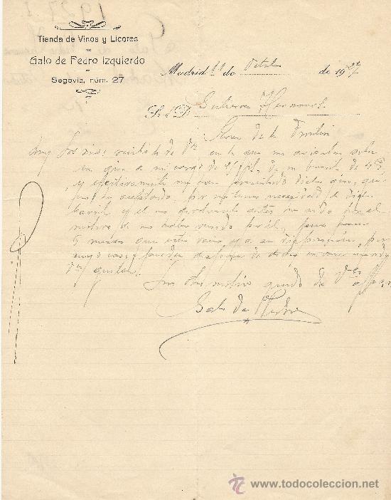 Gesch&auml;ftsbriefe: MADRID 11 DE OCTUBRE DE 1927 CARTA COMERCIAL TIENDA DE VINOS Y LICORES