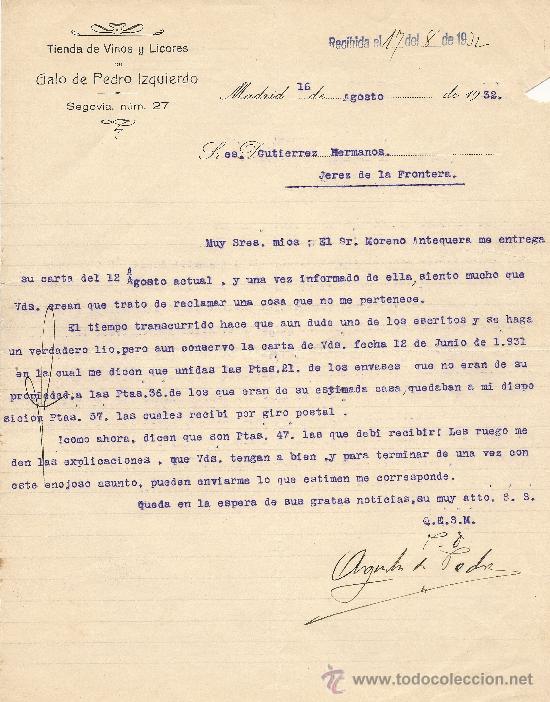 Gesch&auml;ftsbriefe: MADRID 16 DE AGOSTO DE 1932 CARTA COMERCIAL TIENDA DE VINOS Y LICORES