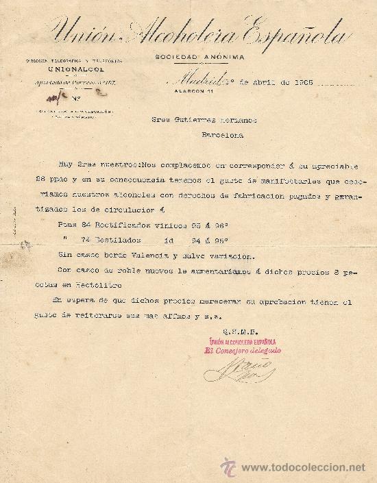 Gesch&auml;ftsbriefe: MADRID 1 DE ABRIL DE 1905 CARTA COMERCIAL UNION ALCOHOLERA ESPA&Ntilde;OLA
