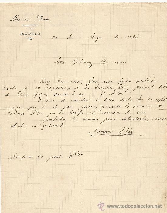 Gesch&auml;ftsbriefe: MADRID 30 DE MAYO DE 1896 CARTA COMERCIAL MARIANO ARTES SASTRE