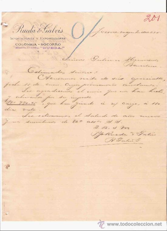 Gesch&auml;ftsbriefe: COLOMBIA. SOCORRO. CARTA. RUEDA & GALVIS. IMPORTADORES Y EXPORTADORES. 1895.