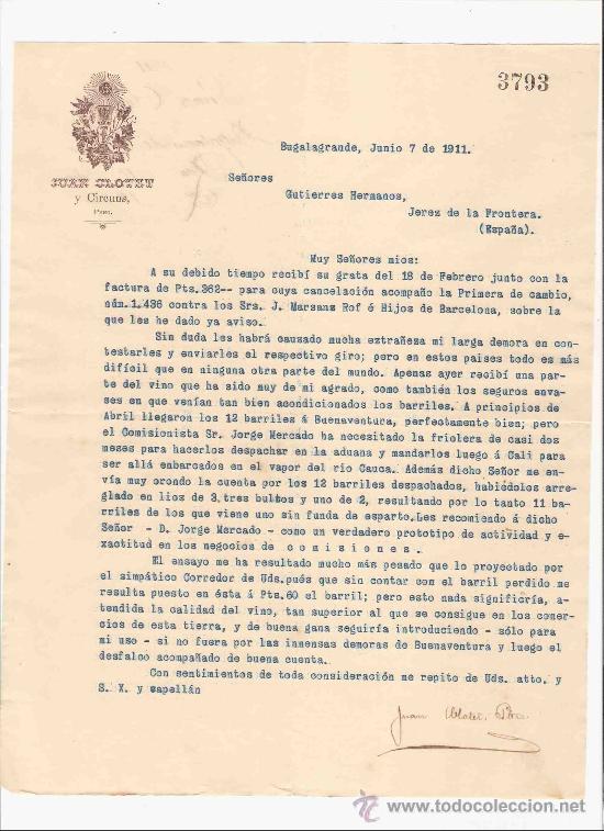 Gesch&auml;ftsbriefe: COLOMBIA. BUGALAGRANDE. CARTA. JUAN CLOTET Y CIRCUNS. 1911.