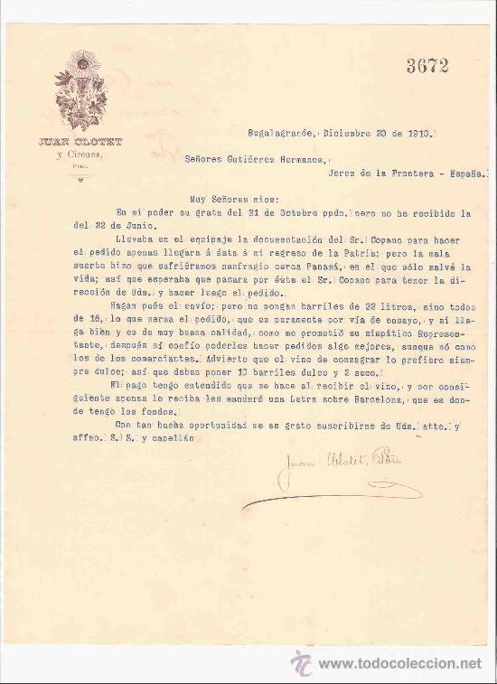 Gesch&auml;ftsbriefe: COLOMBIA. BUGALAGRANDE. CARTA. JUAN CLOTET Y CIRCUNS. 1910.