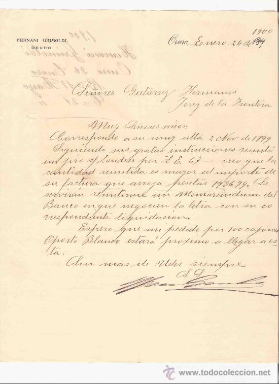 Cartas comerciales: BOLIVIA. ORURO. CARTA. HERNANI GRIMOLDI. 1900.