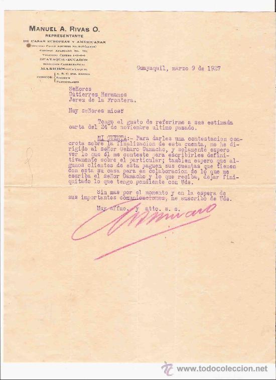 Cartas comerciales: ECUADOR. GUAYAQUIL. CARTA. MANUEL A. RIVAS O. REPRESENTANTE. 1927.